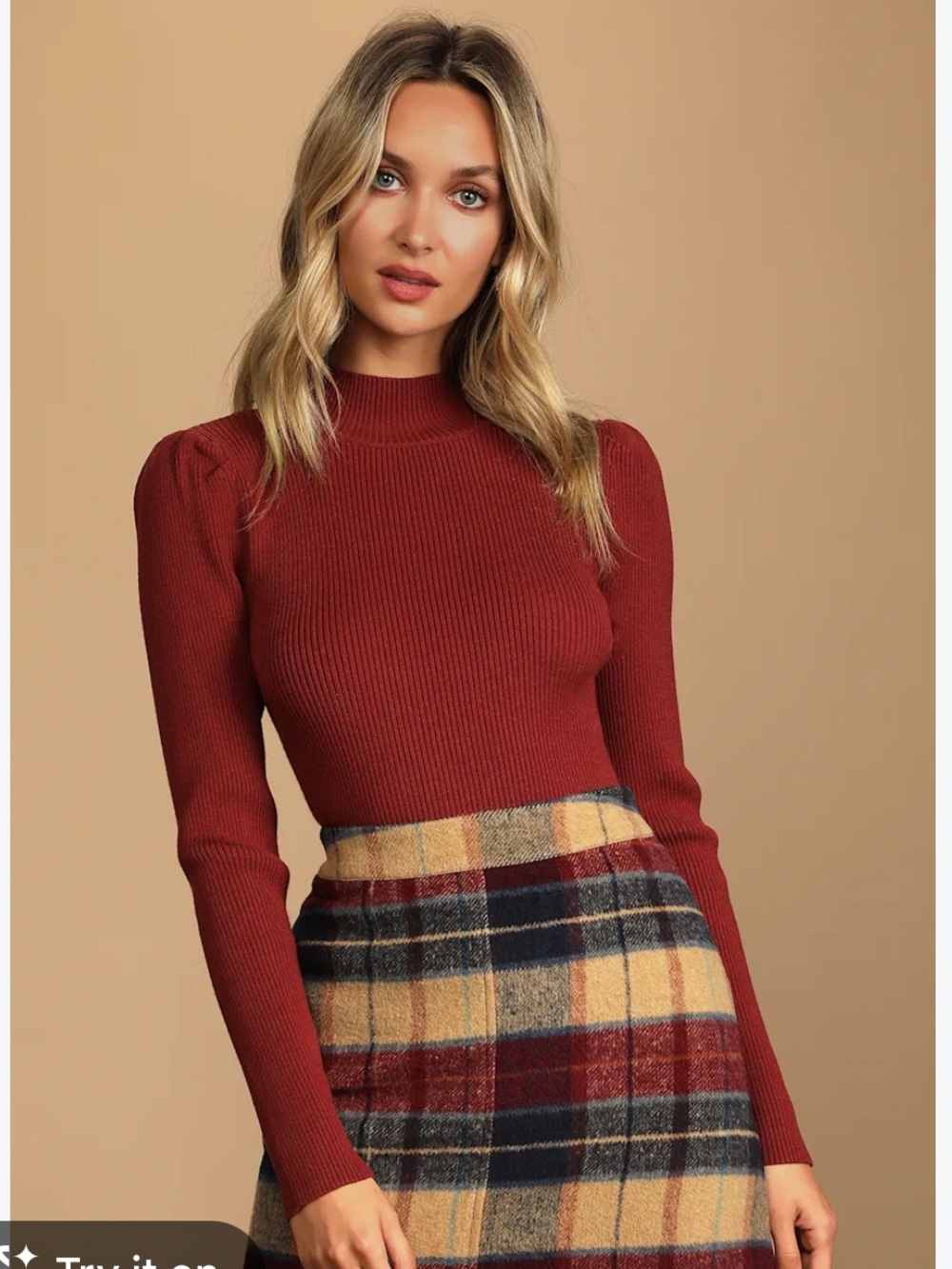 NWT Rust Mock Neck Puff Sleeve Ribbed Sweater